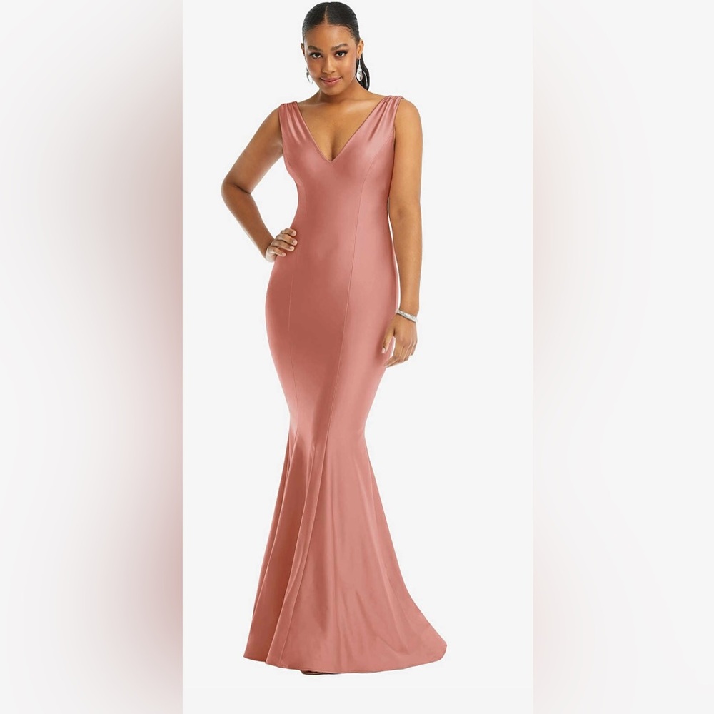 Cynthia & Sahar Shirred Shoulder Stretch Satin Mermaid Dress in Desert Rose
